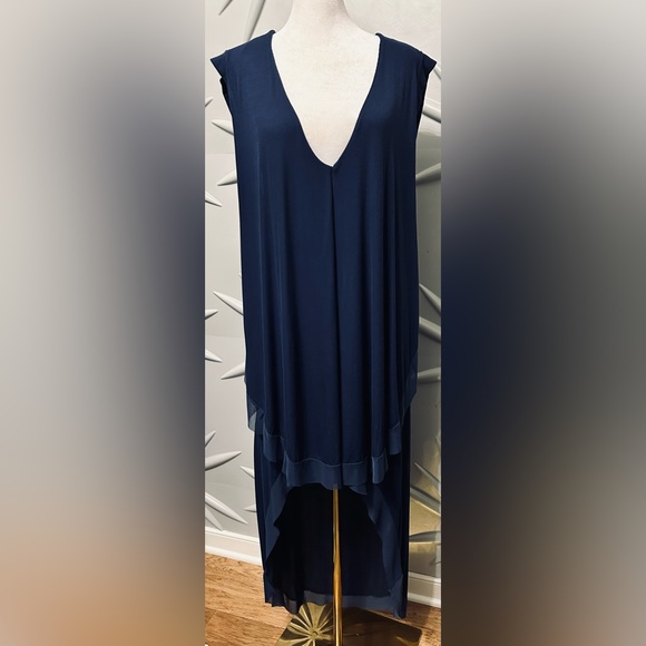 BCBG Maxazria SZ L navy blue hi/low sleeveless dress w/chiffon trim bust 36”-48” - Picture 2 of 11
